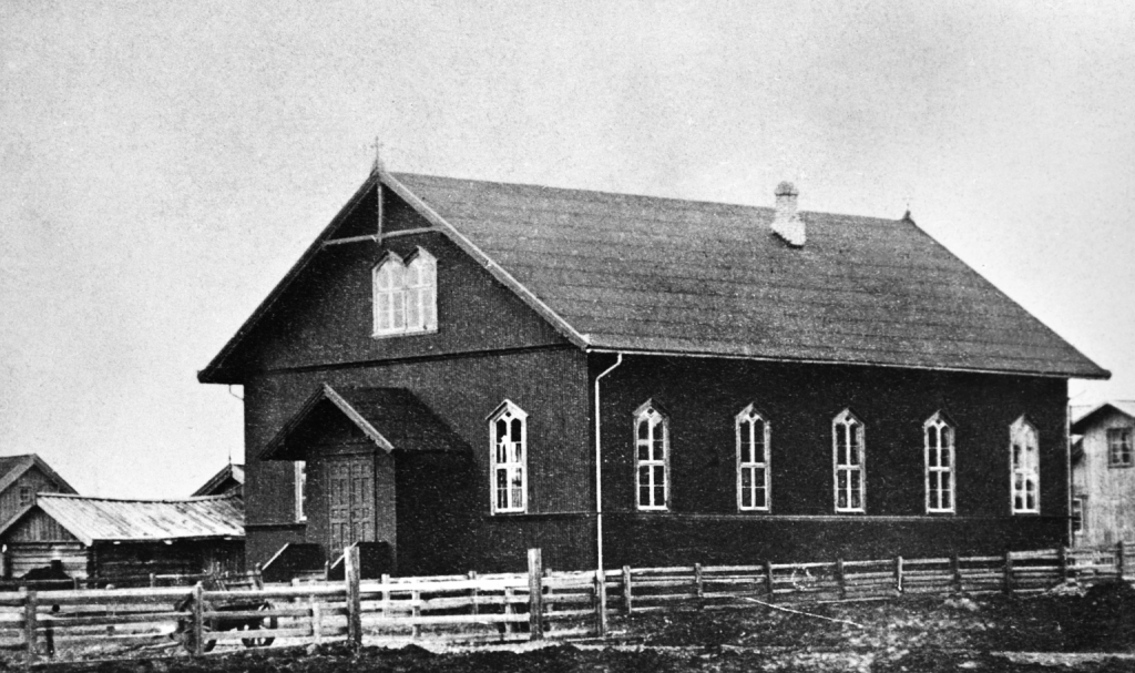 Det første bedehuset som lå i Kirkegata på 1800 tallet.